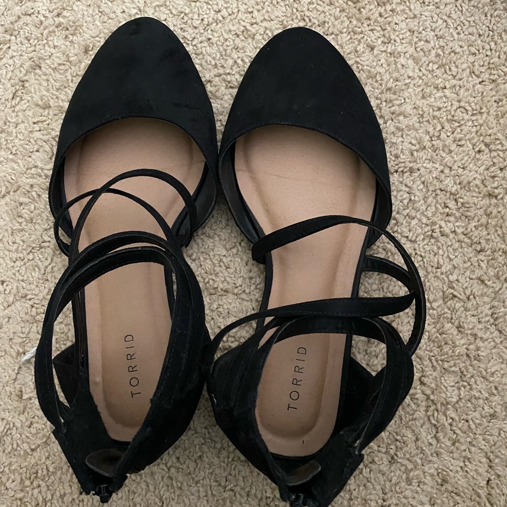 Black strapy zip up 13 wide flats from Torrid
